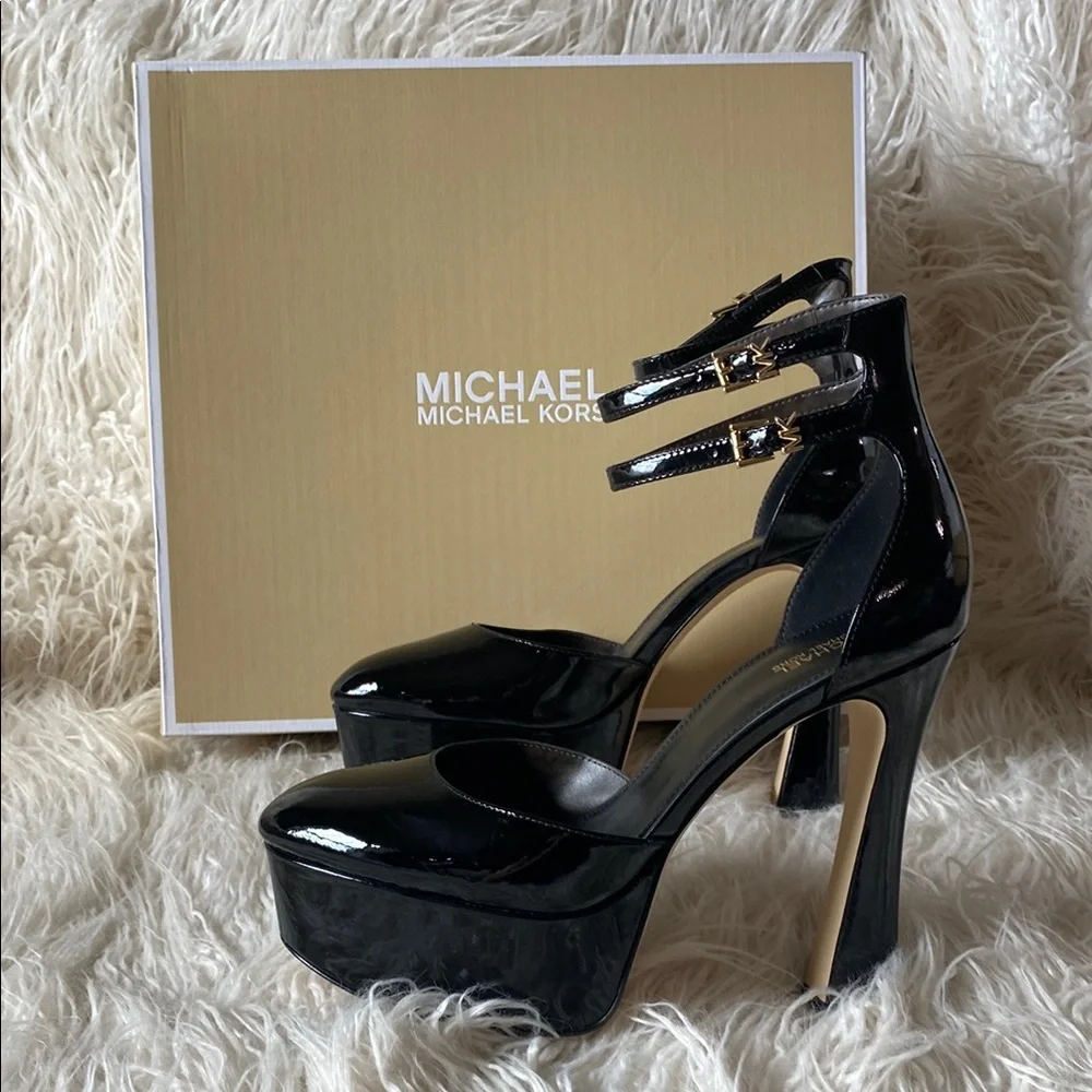 Michael Kors Martina Ankle Strap Patent Leather Platform Heels, Black - Size 9